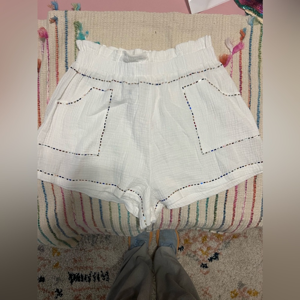 White & Rainbow Rhinestone Shorts